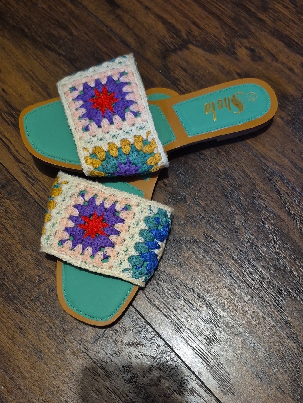 SHEIN Teal Slide Sandals with Multicolor Crochet Strap